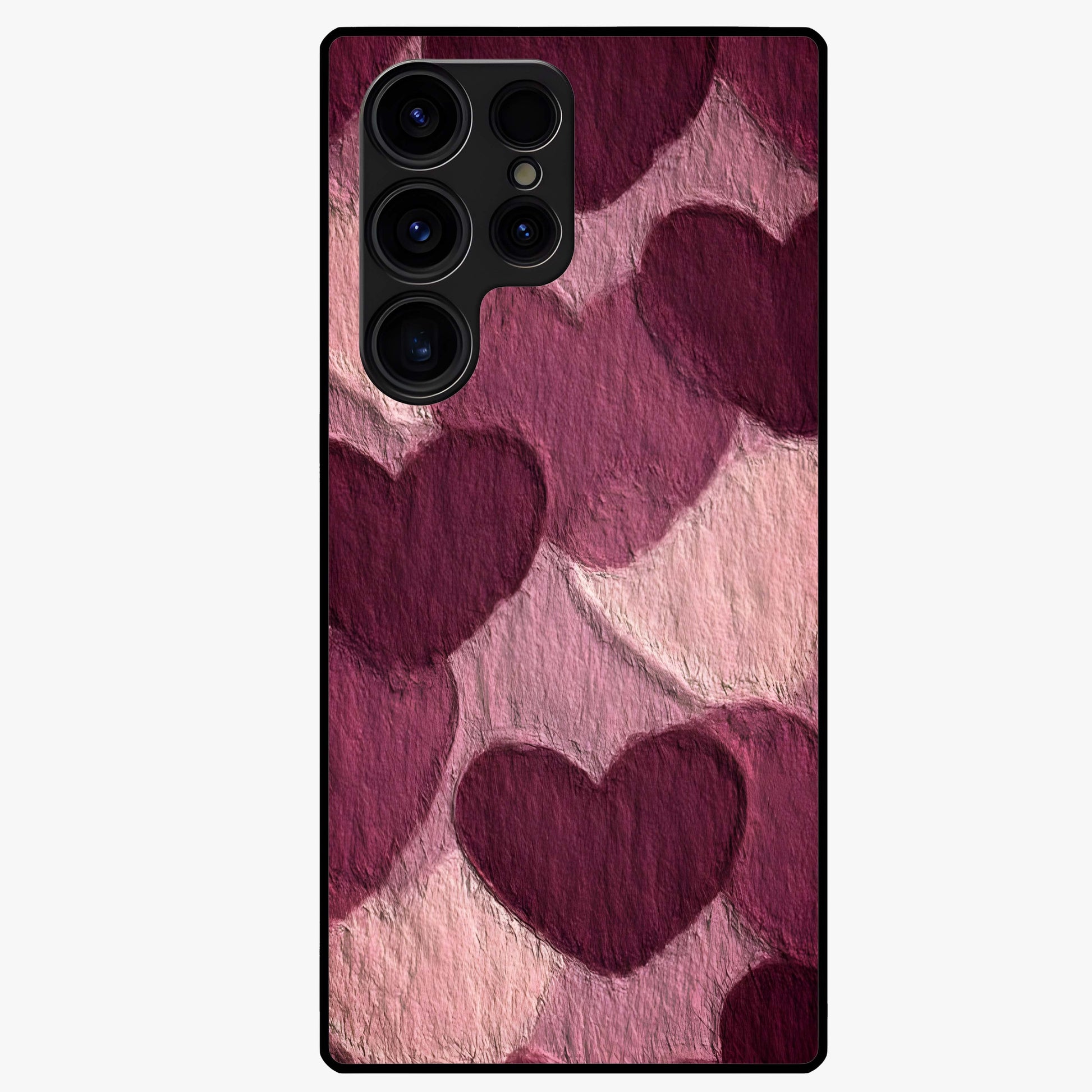 Layered Paper Hearts Glass Case showing flat back view with layered paper heart artwork and glossy glass finish.