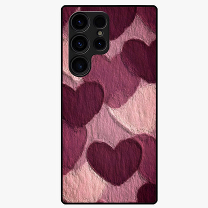 Layered Paper Hearts Glass Case showing flat back view with layered paper heart artwork and glossy glass finish.