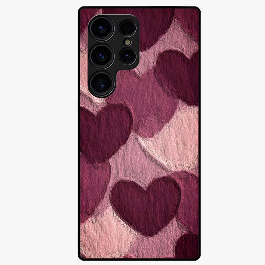 Layered Paper Hearts Glass Case showing flat back view with layered paper heart artwork and glossy glass finish.