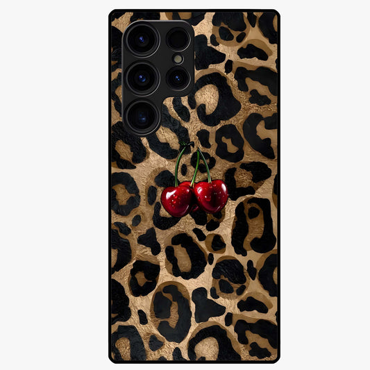 Leopard Wild Cherry Glass Case showing flat back view with leopard pattern and cherry artwork and glossy glass finish.