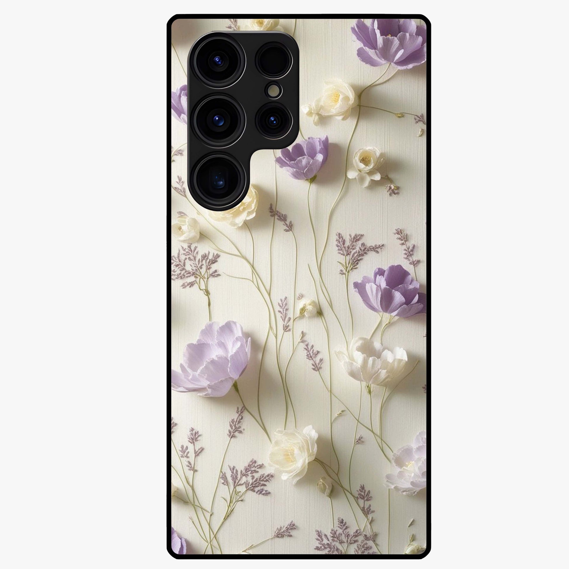 Lilac Breeze Harmony Glass Case showing flat back view with soft lilac themed artwork and glossy glass finish.