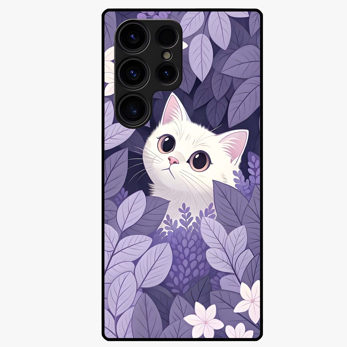 Lilac Hide Peek Cat Glass Case showing flat back view with cute peeking cat artwork and glossy glass finish.