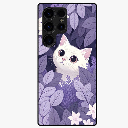 Lilac Hide Peek Cat Glass Case showing flat back view with cute peeking cat artwork and glossy glass finish.