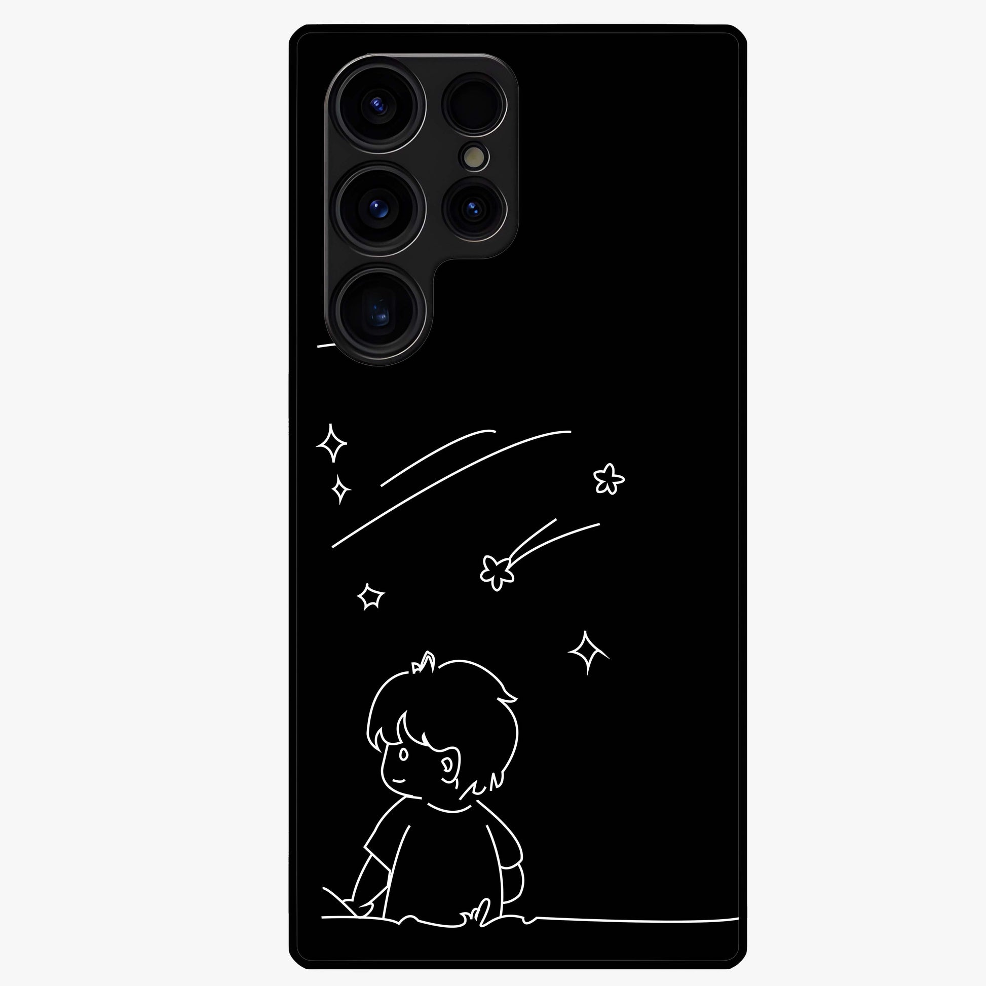 Line Art Boy With Shooting Stars Glass Case showing flat back view with minimal line art boy and shooting stars illustration and glossy glass finish.