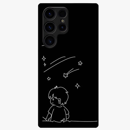 Line Art Boy With Shooting Stars Glass Case showing flat back view with minimal line art boy and shooting stars illustration and glossy glass finish.