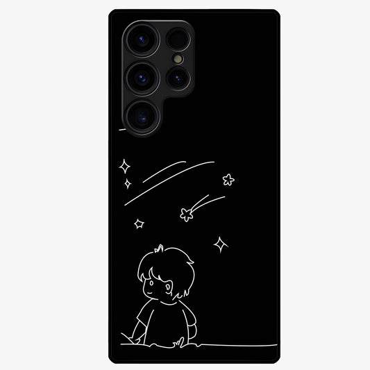 Line Art Boy With Shooting Stars Glass Case showing flat back view with minimal line art boy and shooting stars illustration and glossy glass finish.