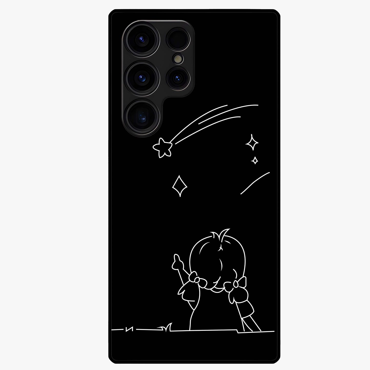 Line Art Girl With Shooting Stars Glass Case showing flat back view with minimal line art girl and shooting stars illustration and glossy glass finish.