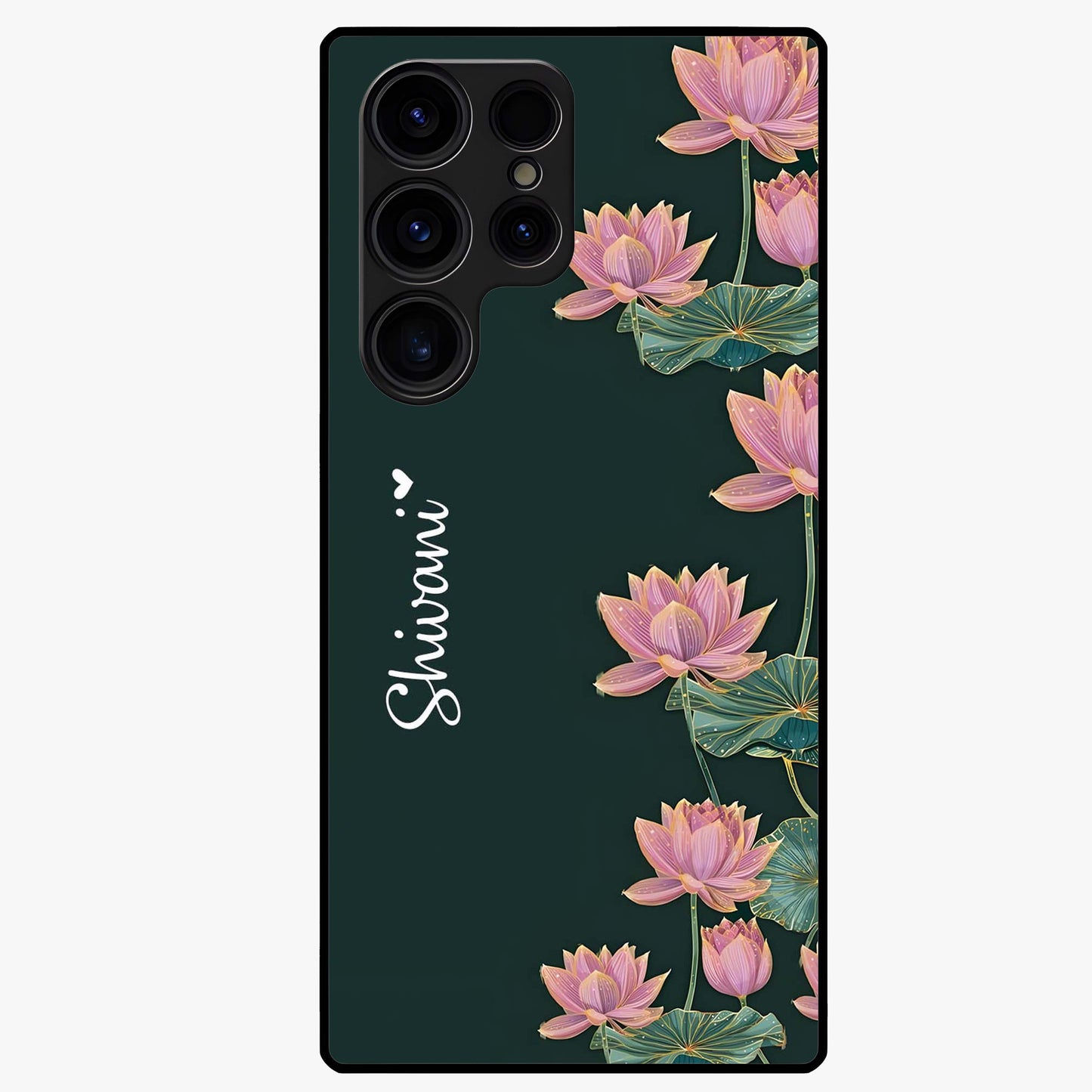 Lotus Bloom Serenity Custom Name Glass Case showing flat back view with elegant lotus flower artwork and personalized name design.