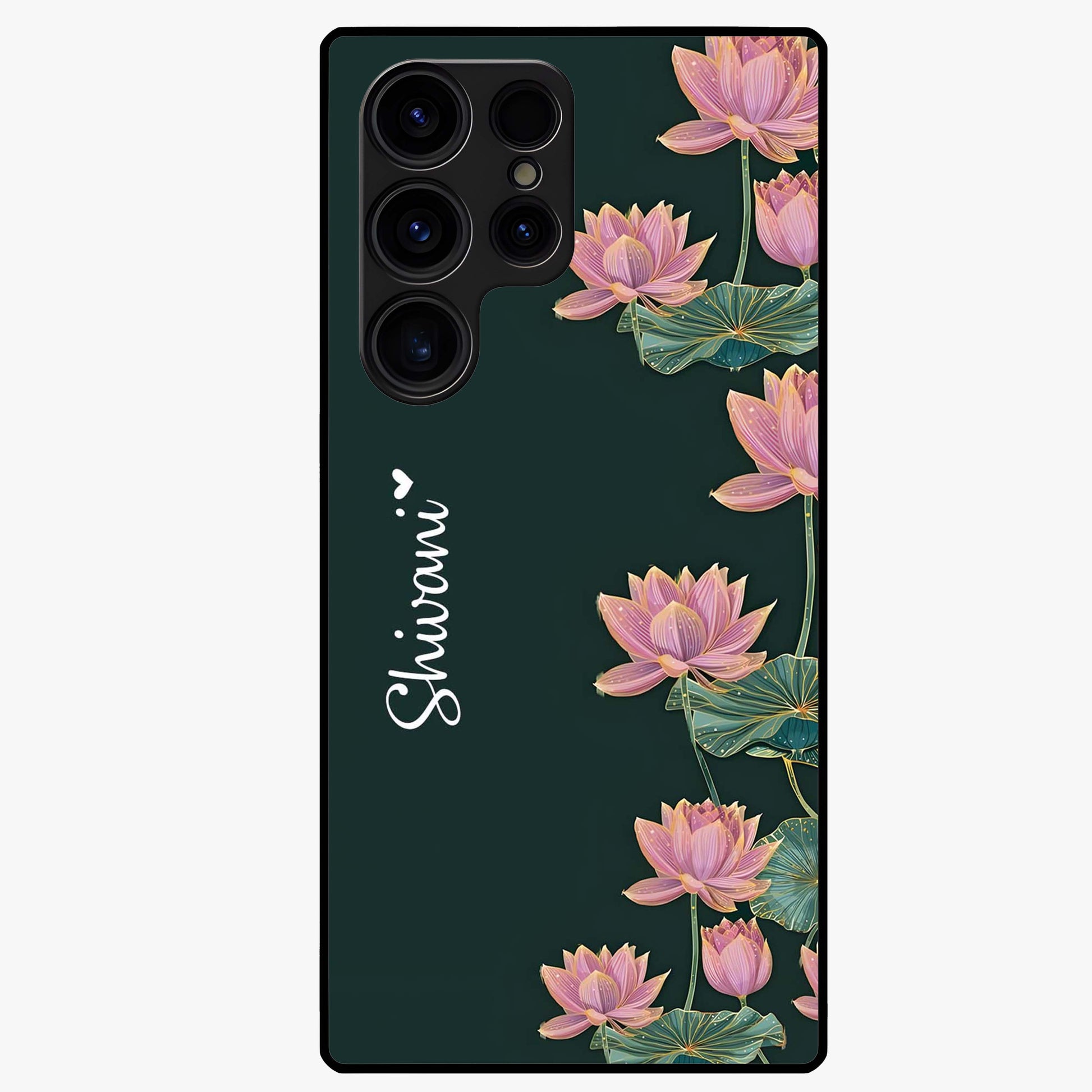 Lotus Bloom Serenity Custom Name Glass Case showing flat back view with elegant lotus flower artwork and personalized name design.