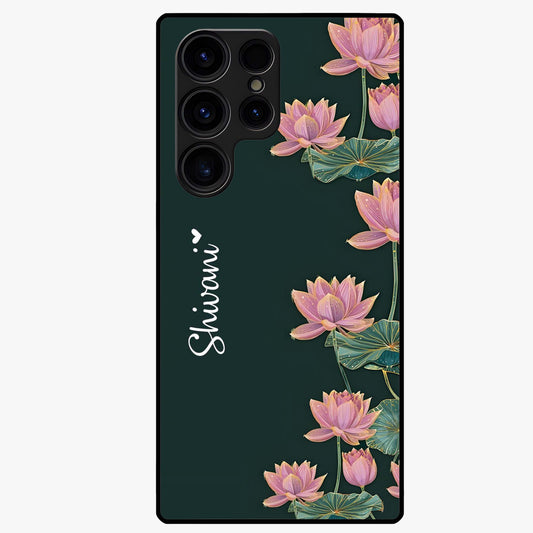 Lotus Bloom Serenity Custom Name Glass Case showing flat back view with elegant lotus flower artwork and personalized name design.