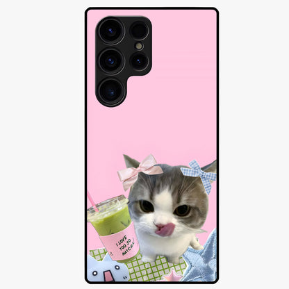Love Matcha Cat Glass Case showing flat back view with cute cat and matcha themed artwork and glossy glass finish.