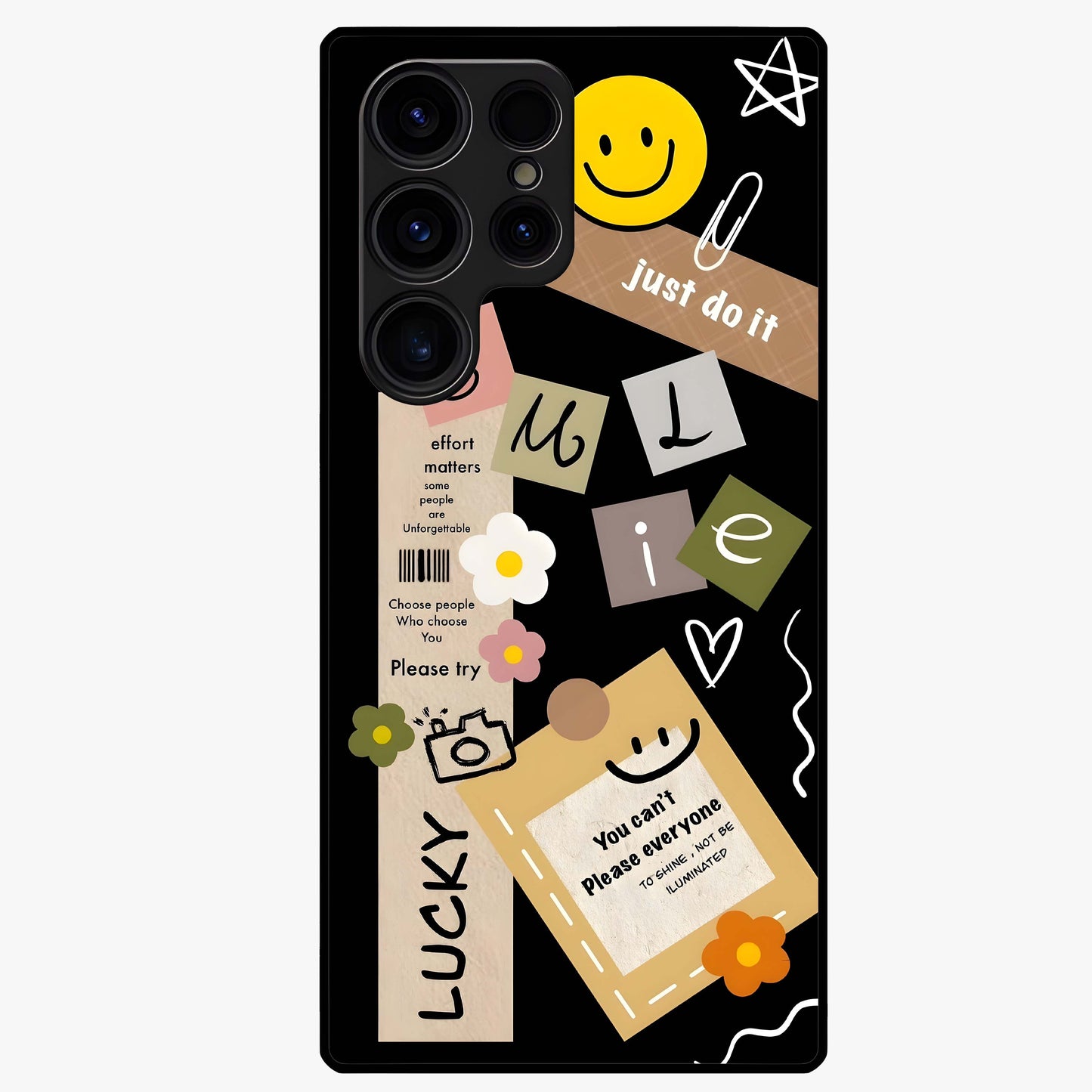 Lucky Aesthetic Collage Glass Case showing flat back view with trendy aesthetic collage artwork and glossy glass finish.