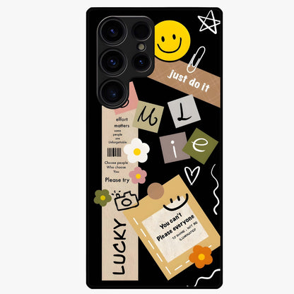 Lucky Aesthetic Collage Glass Case showing flat back view with trendy aesthetic collage artwork and glossy glass finish.