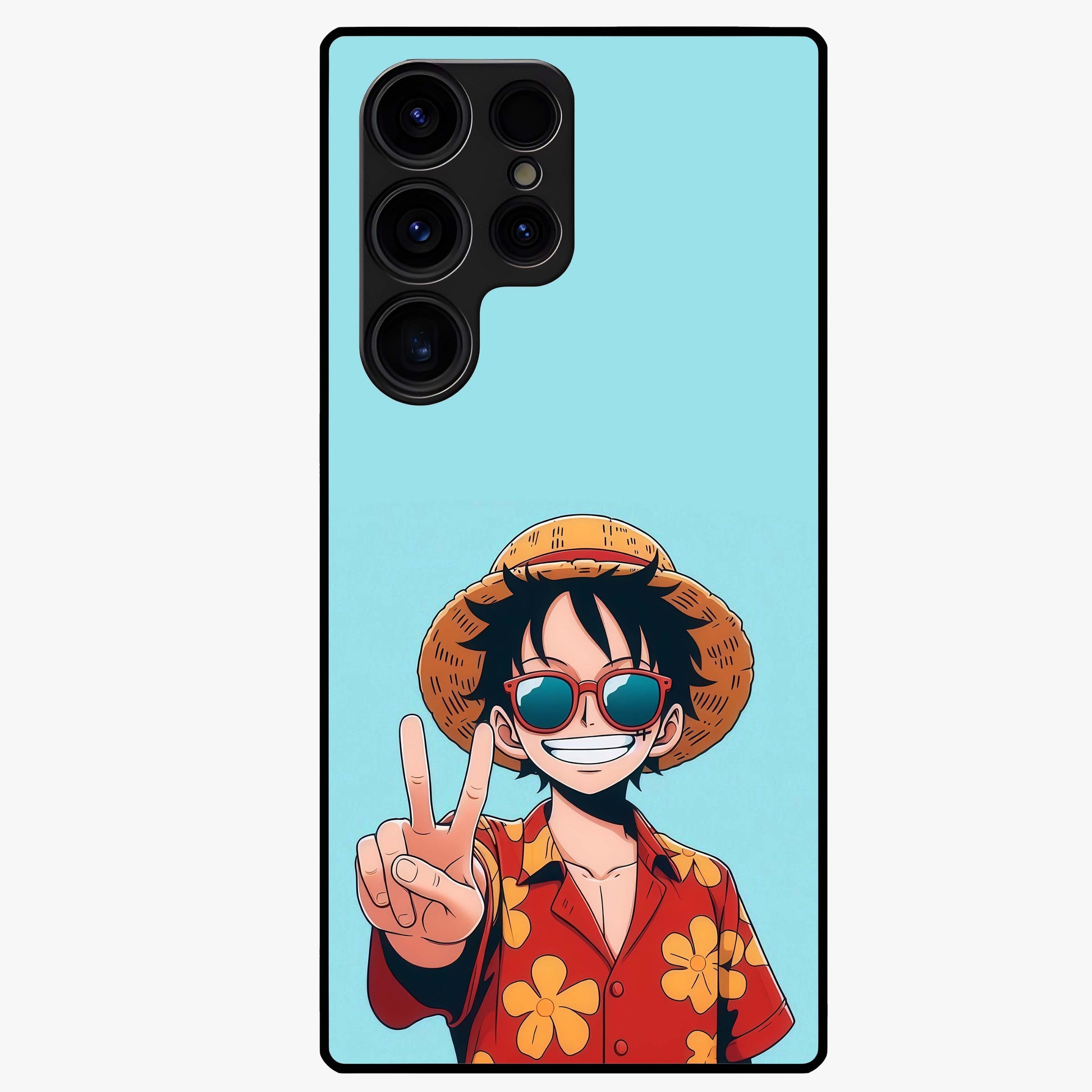 Luffy Summer Anime Vibe Glass Case showing flat back view with vibrant anime character artwork and glossy glass finish.