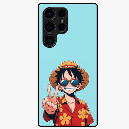 Luffy Summer Anime Vibe Glass Case showing flat back view with vibrant anime character artwork and glossy glass finish.