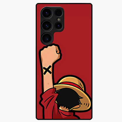 Luffy X Spirit Glass Case showing flat back view with bold anime character artwork and glossy glass finish.