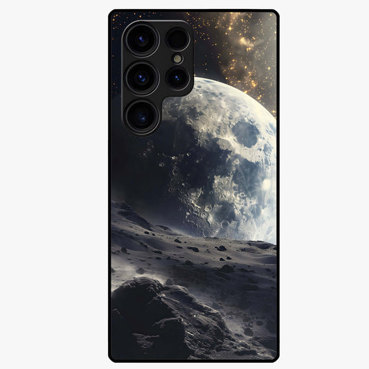 Lunar Horizon Glow Glass Case showing flat back view with glowing moon horizon artwork and glossy glass finish.