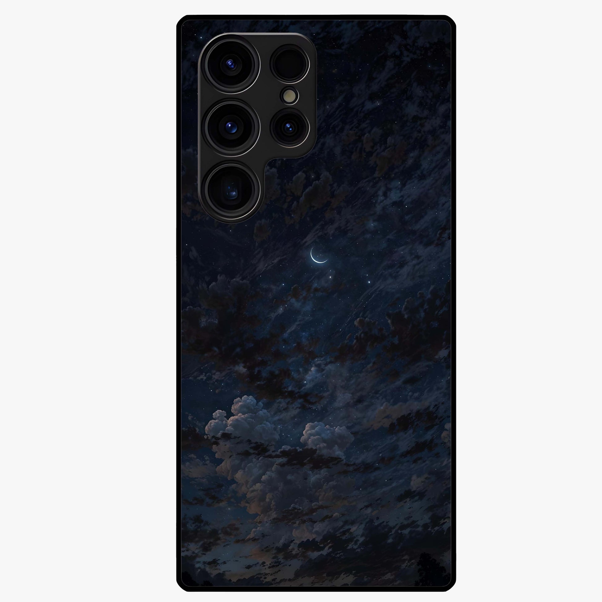 Lunar Veil Silence Glass Case showing flat back view with mystical moon veil artwork and glossy glass finish.