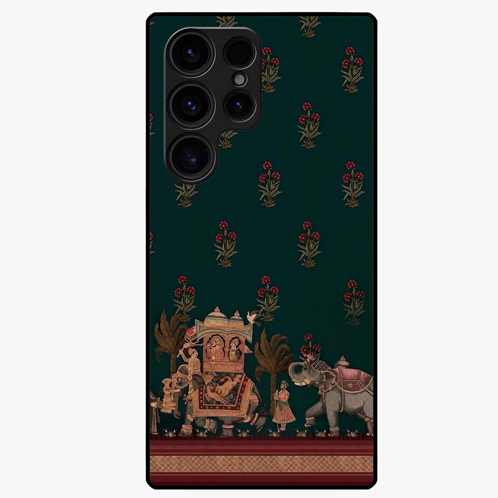 Macmerise Glass Case showing flat back view with stylish modern artwork and glossy glass finish.