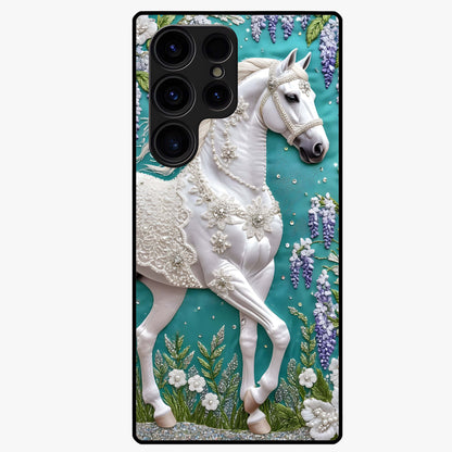 Majestic Floral Stallion Glass Case showing flat back view with powerful horse and floral artwork and glossy glass finish.