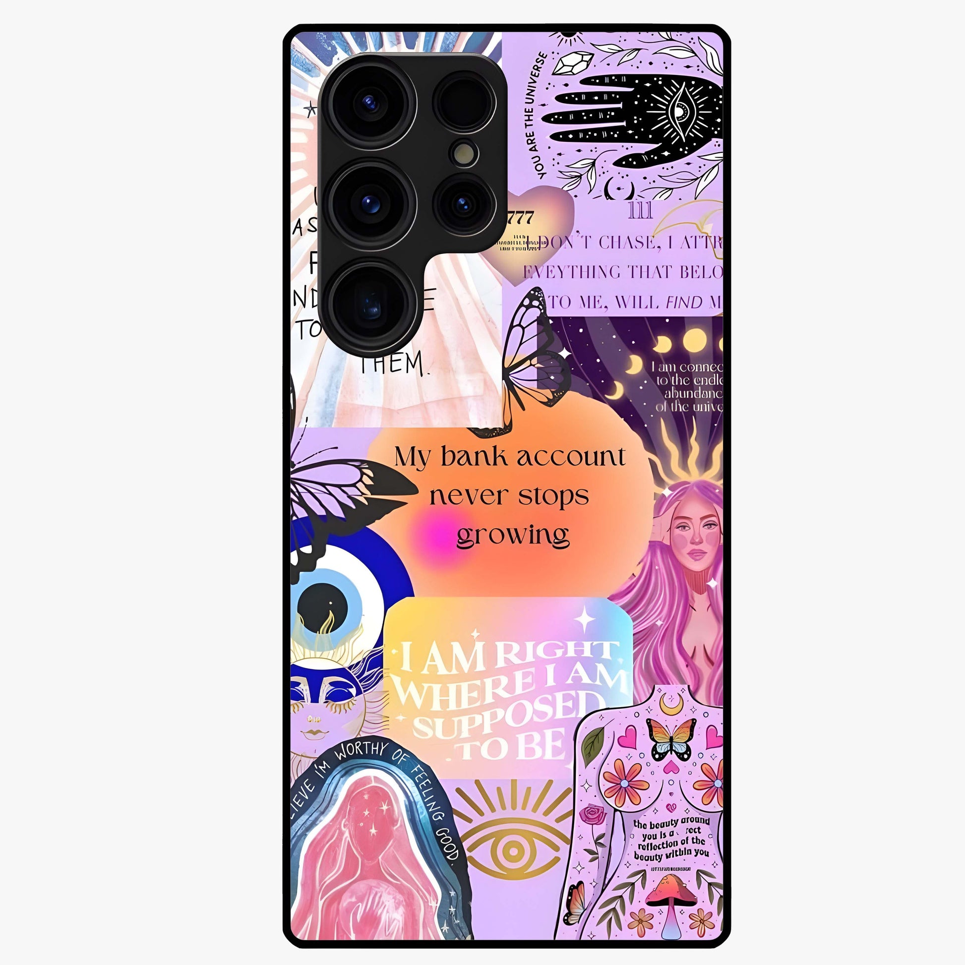 Manifestation Collage Glass Case showing flat back view with motivational collage artwork and glossy glass finish.