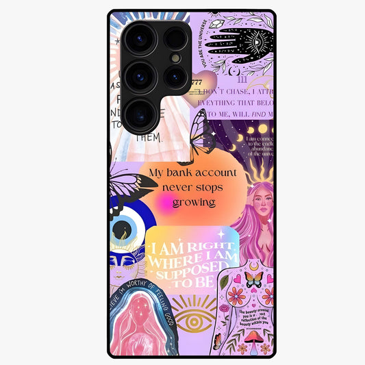 Manifestation Collage Glass Case showing flat back view with motivational collage artwork and glossy glass finish.