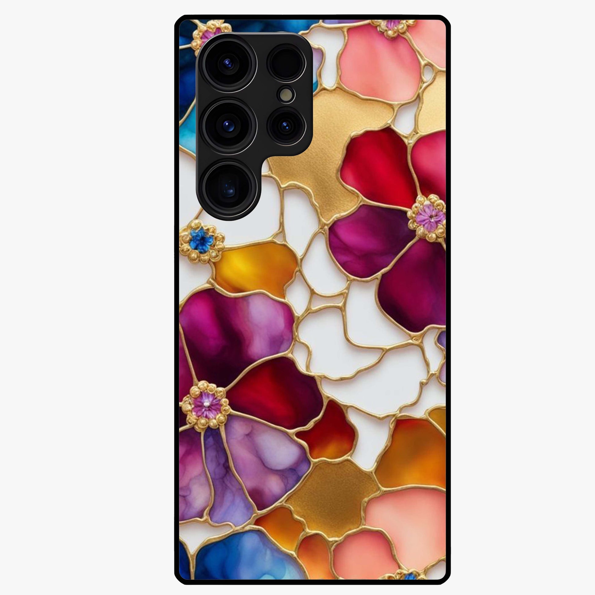Marble Flower Pattern Glass Case showing flat back view with marble texture floral artwork and glossy glass finish.