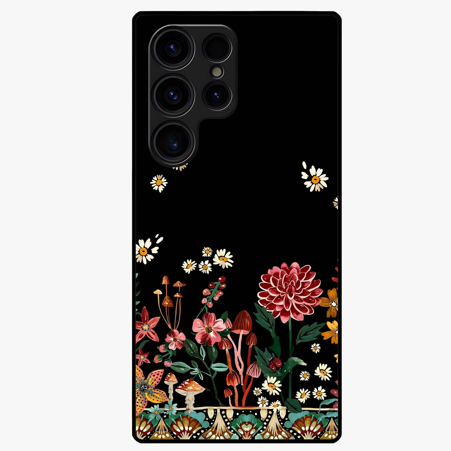 Midnight Bloom Pattern Glass Case showing flat back view with dark floral pattern artwork and glossy glass finish.