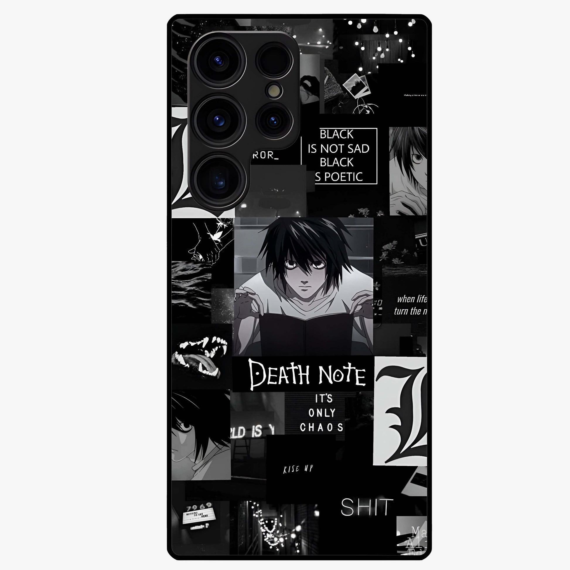 Midnight Chaos Mind Glass Case showing flat back view with abstract dark themed artwork and glossy glass finish.