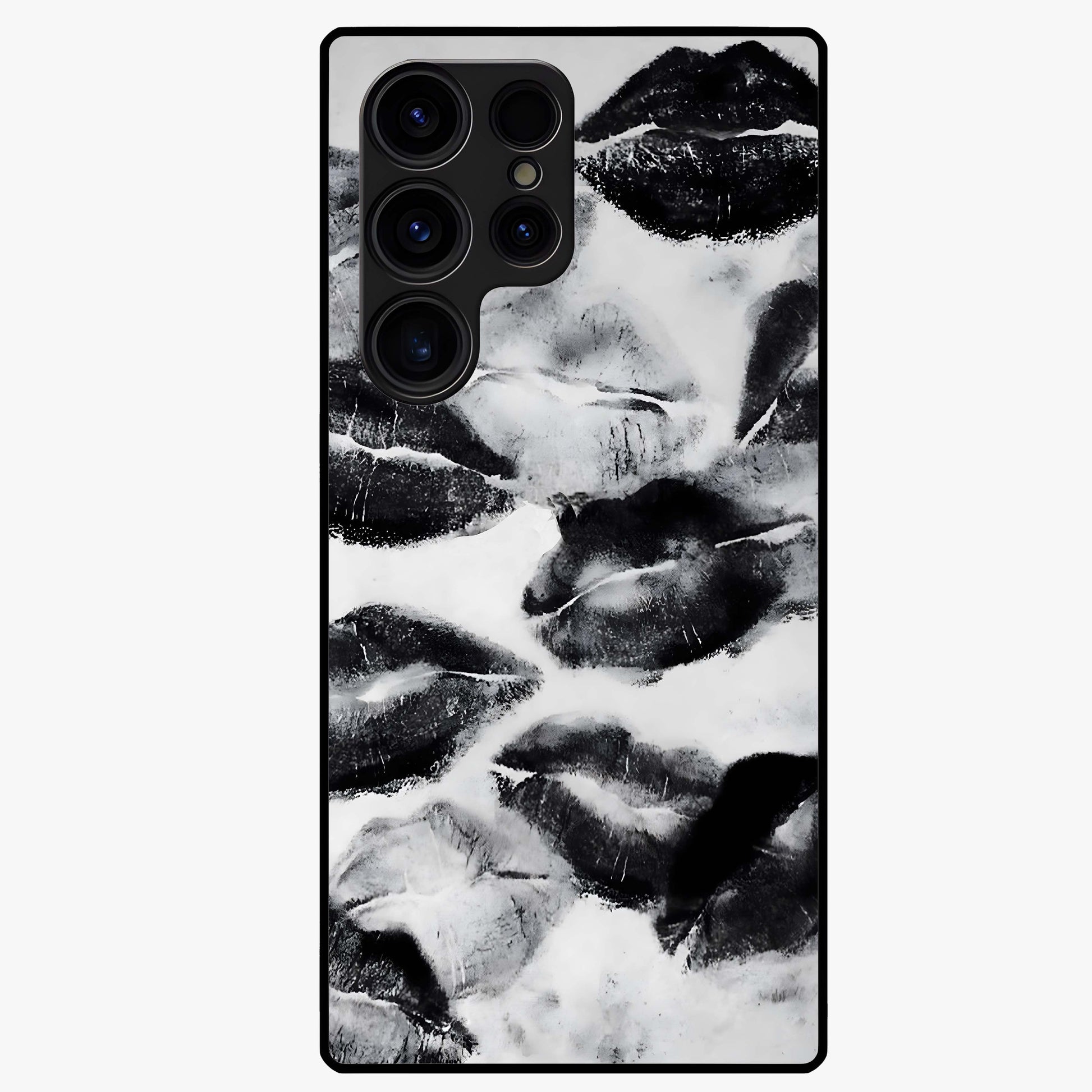 Midnight Kiss Marks Glass Case showing flat back view with lipstick kiss mark artwork and glossy glass finish.