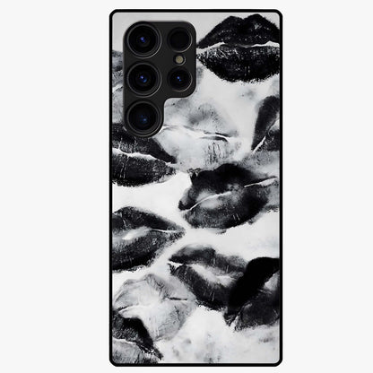 Midnight Kiss Marks Glass Case showing flat back view with lipstick kiss mark artwork and glossy glass finish.