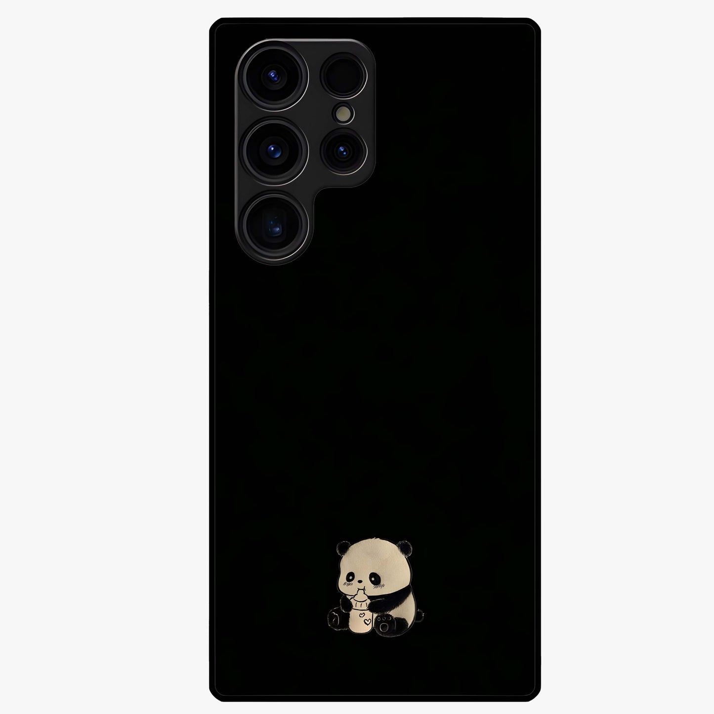 Midnight Panda Love Glass Case showing flat back view with cute panda themed artwork and glossy glass finish.