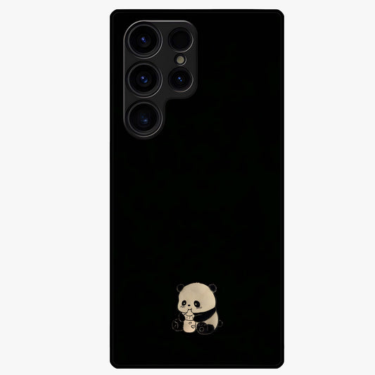 Midnight Panda Love Glass Case showing flat back view with cute panda themed artwork and glossy glass finish.