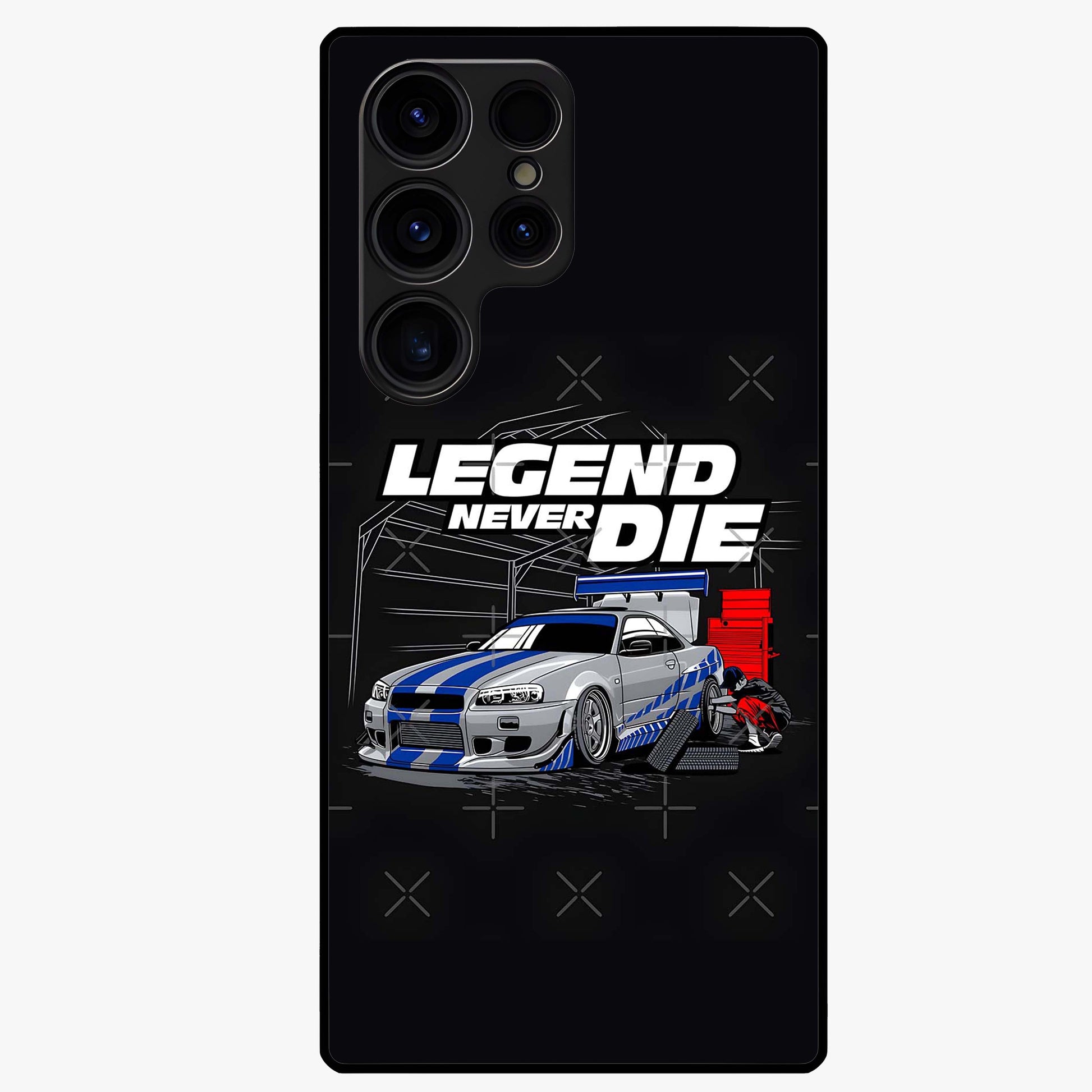 Midnight Racing Legacy Glass Case showing flat back view with sleek racing inspired artwork and glossy glass finish.