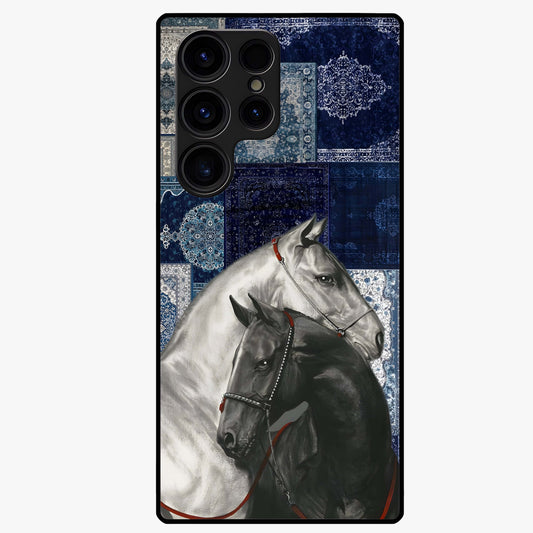 Midnight Stallion Blues Glass Case showing flat back view with majestic horse artwork and glossy glass finish.