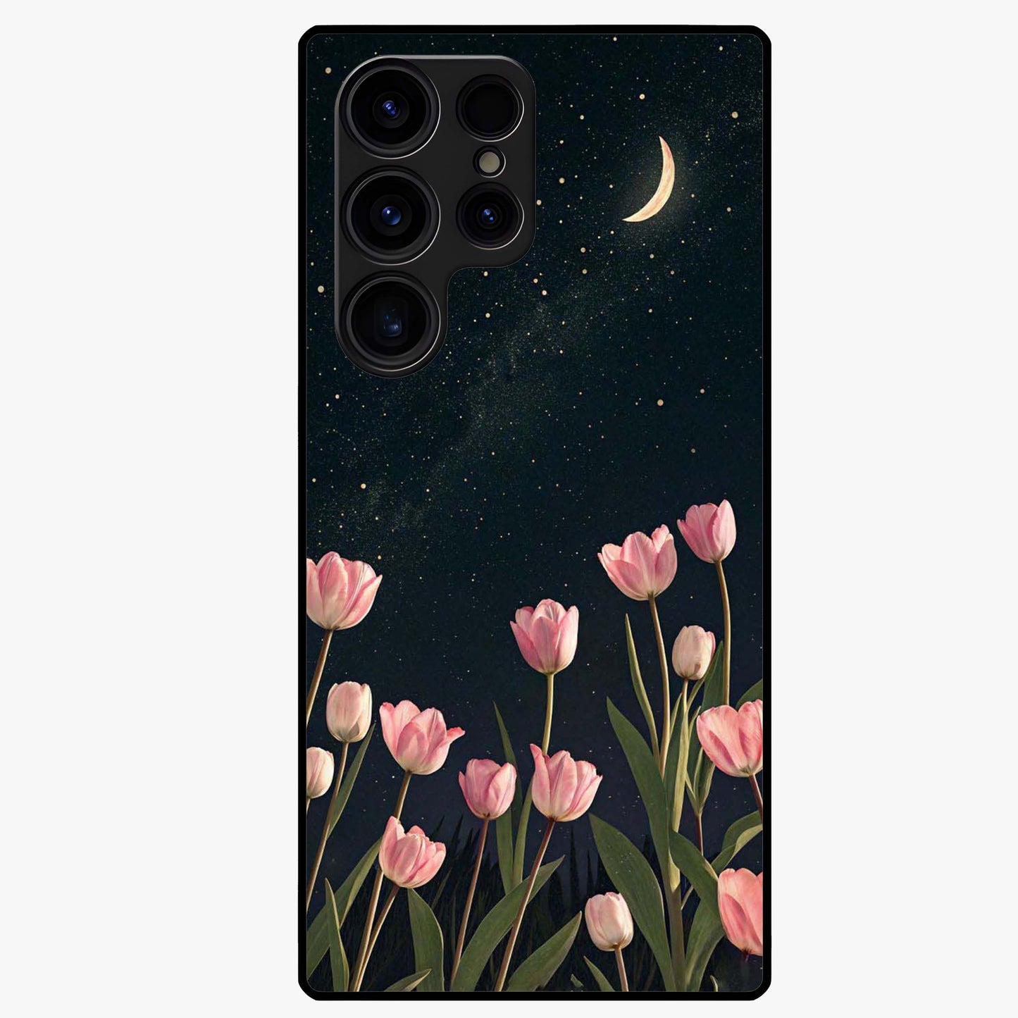 Midnight Tulip Whispers Vibe Glass Case showing flat back view with elegant tulip flower artwork and glossy glass finish.