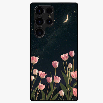 Midnight Tulip Whispers Vibe Glass Case showing flat back view with elegant tulip flower artwork and glossy glass finish.
