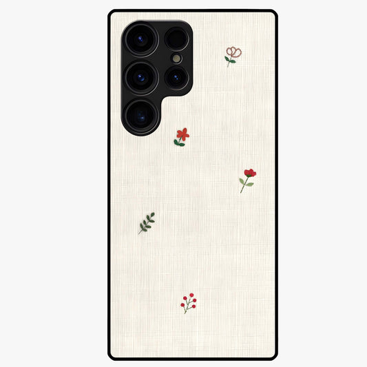 Minimal Petal Whispers Glass Case showing flat back view with soft minimal floral artwork and glossy glass finish.