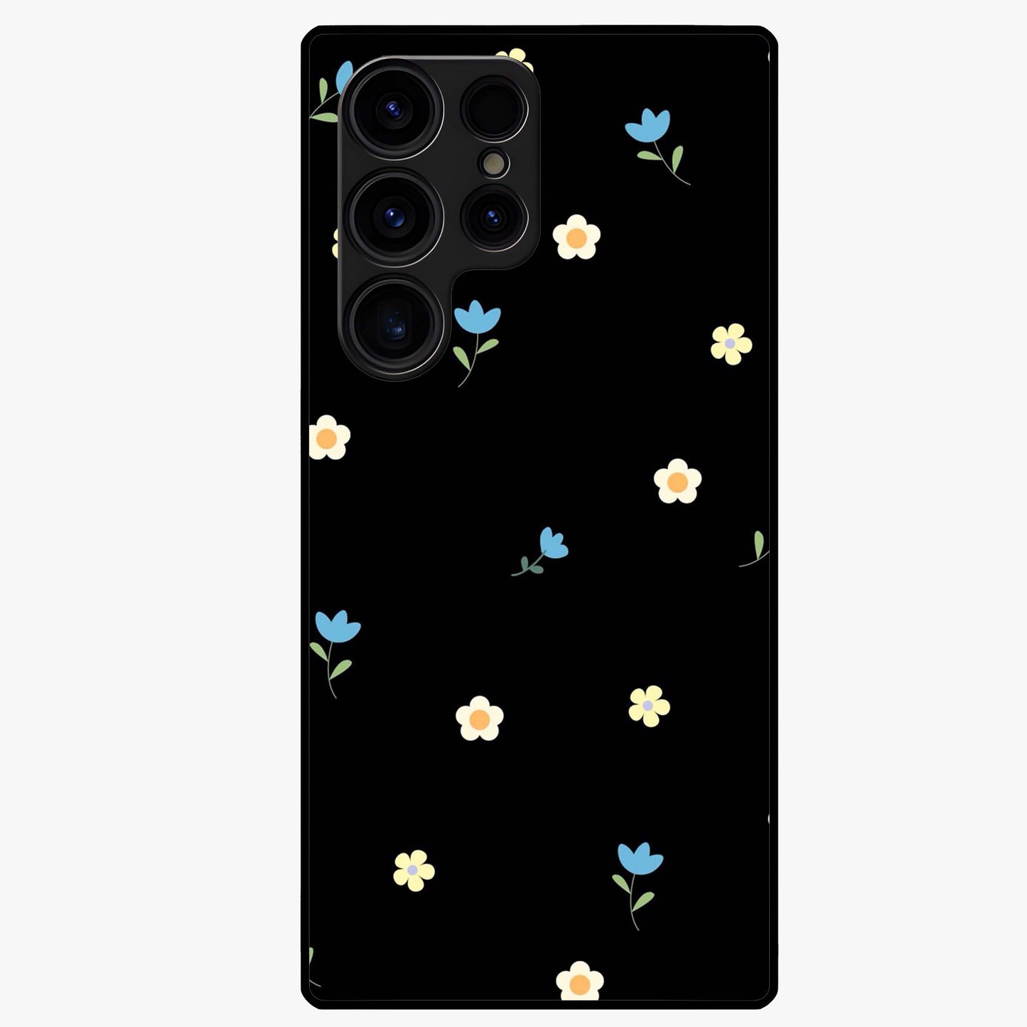 Minimalistic Blue With White Flower Pattern Glass Case showing flat back view with blue background and white flower pattern and glossy glass finish.