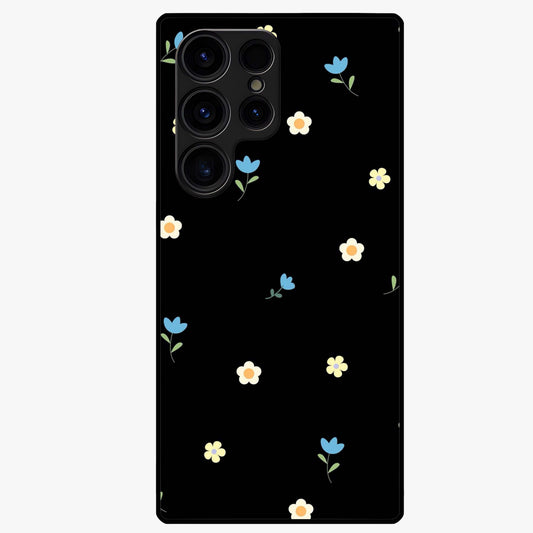 Minimalistic Blue With White Flower Pattern Glass Case showing flat back view with blue background and white flower pattern and glossy glass finish.