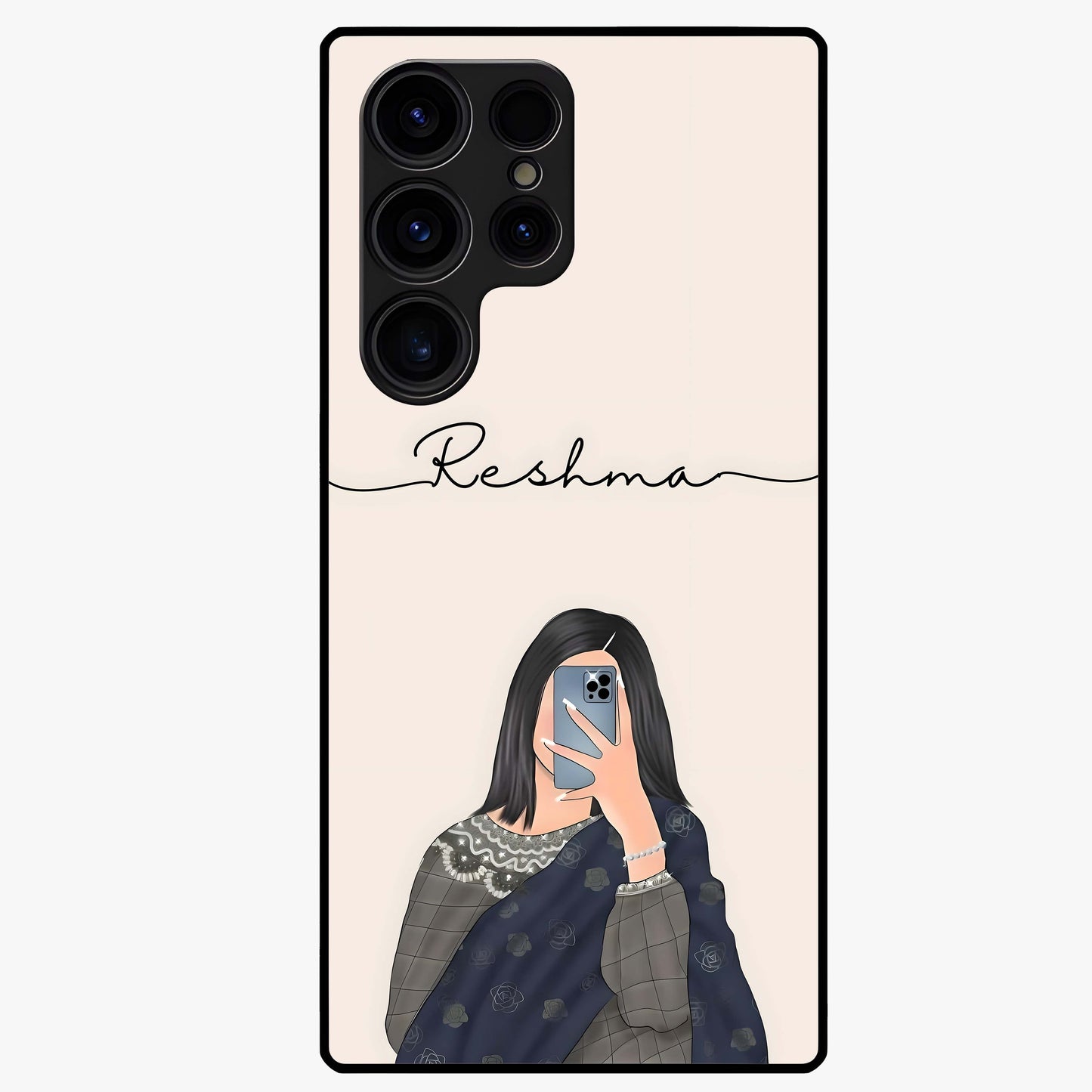 Mirror Mood Muse With Custom Name Glass Case showing flat back view with stylish mirrored artwork and personalized name design.