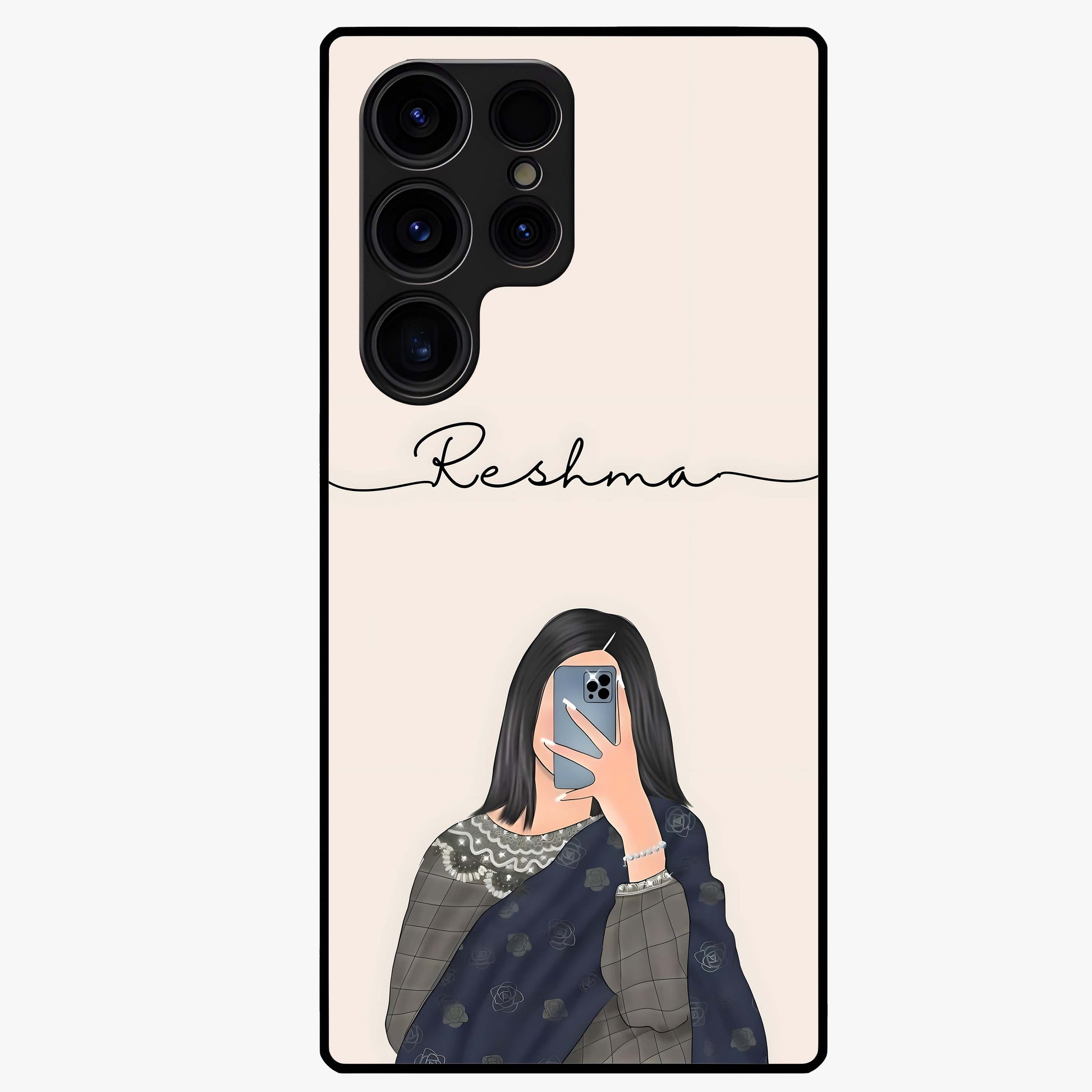 Mirror Mood Muse With Custom Name Glass Case showing flat back view with stylish mirrored artwork and personalized name design.