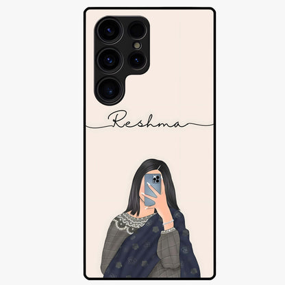 Mirror Mood Muse With Custom Name Glass Case showing flat back view with stylish mirrored artwork and personalized name design.