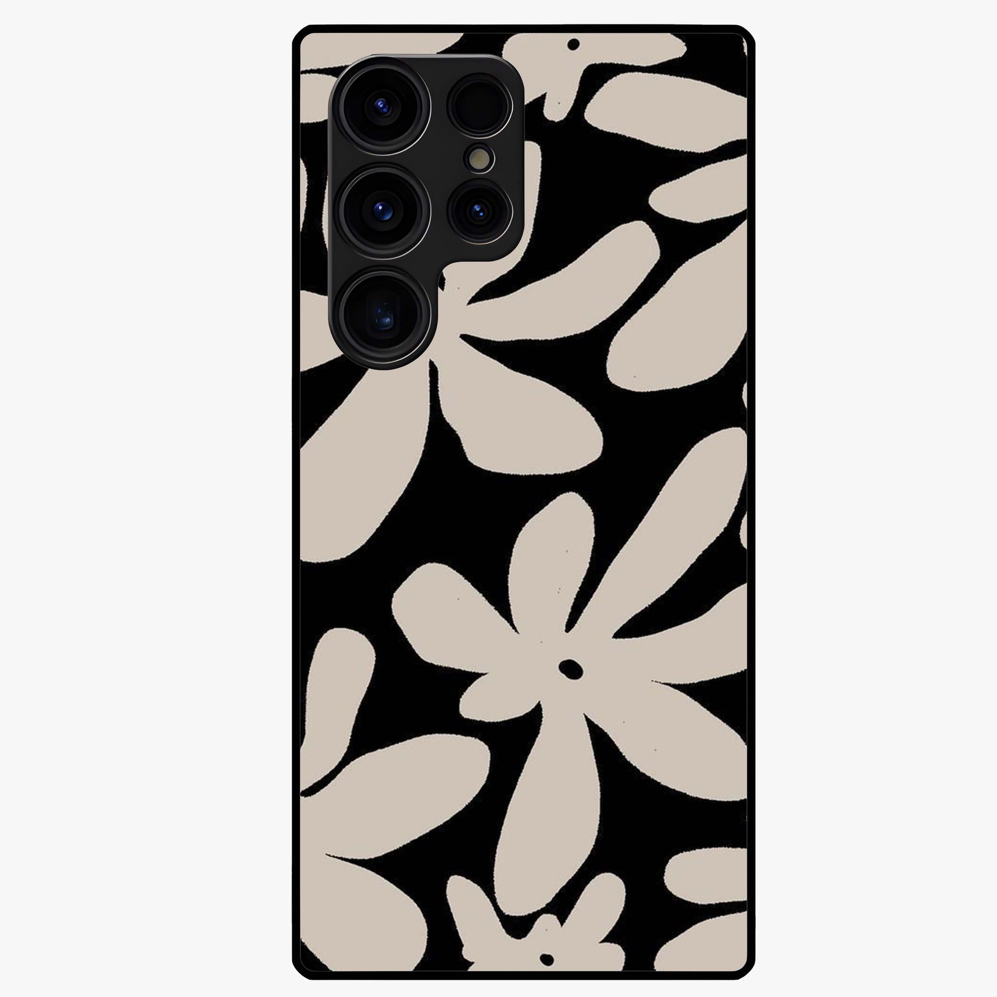 Monochrome Petal Dance Glass Case showing flat back view with monochrome floral artwork and glossy glass finish.