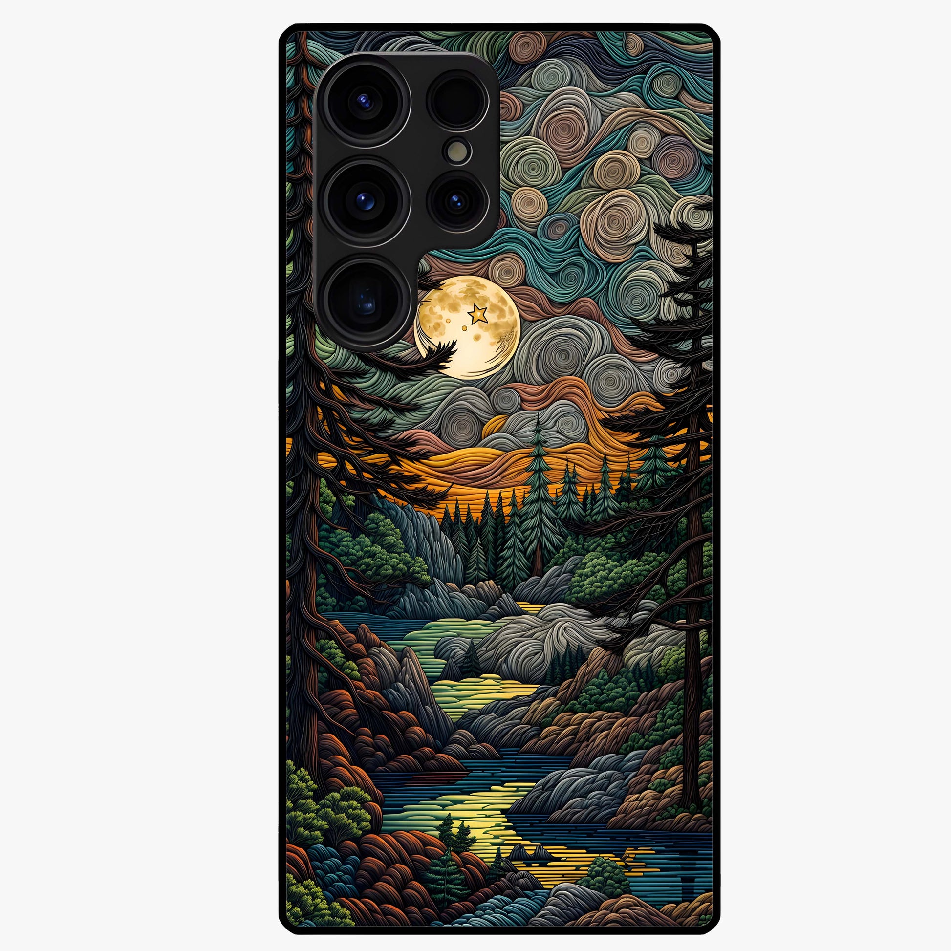 Moonlight Forest Dream Glass Case showing flat back view with mystical forest moonlight artwork and glossy glass finish.