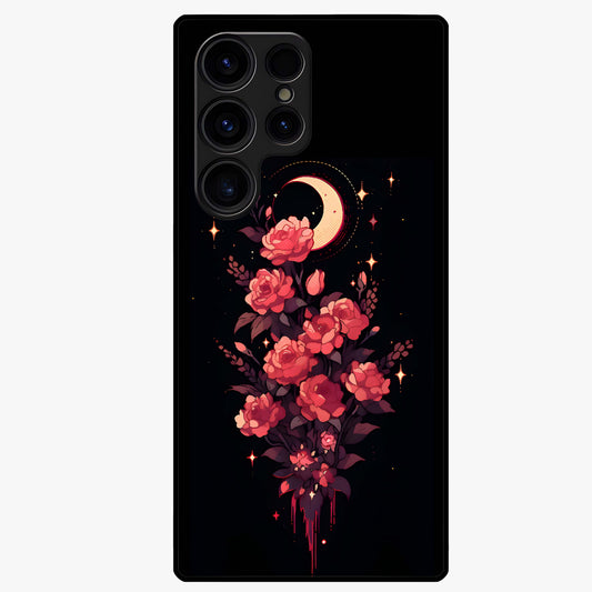 Moonlit Floral Elegance Glass Case showing flat back view with elegant floral artwork under moonlit tones and glossy glass finish.