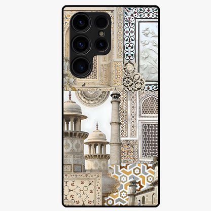 Mughal Marble Legacy Glass Case showing flat back view with intricate Mughal inspired marble pattern and glossy glass finish.