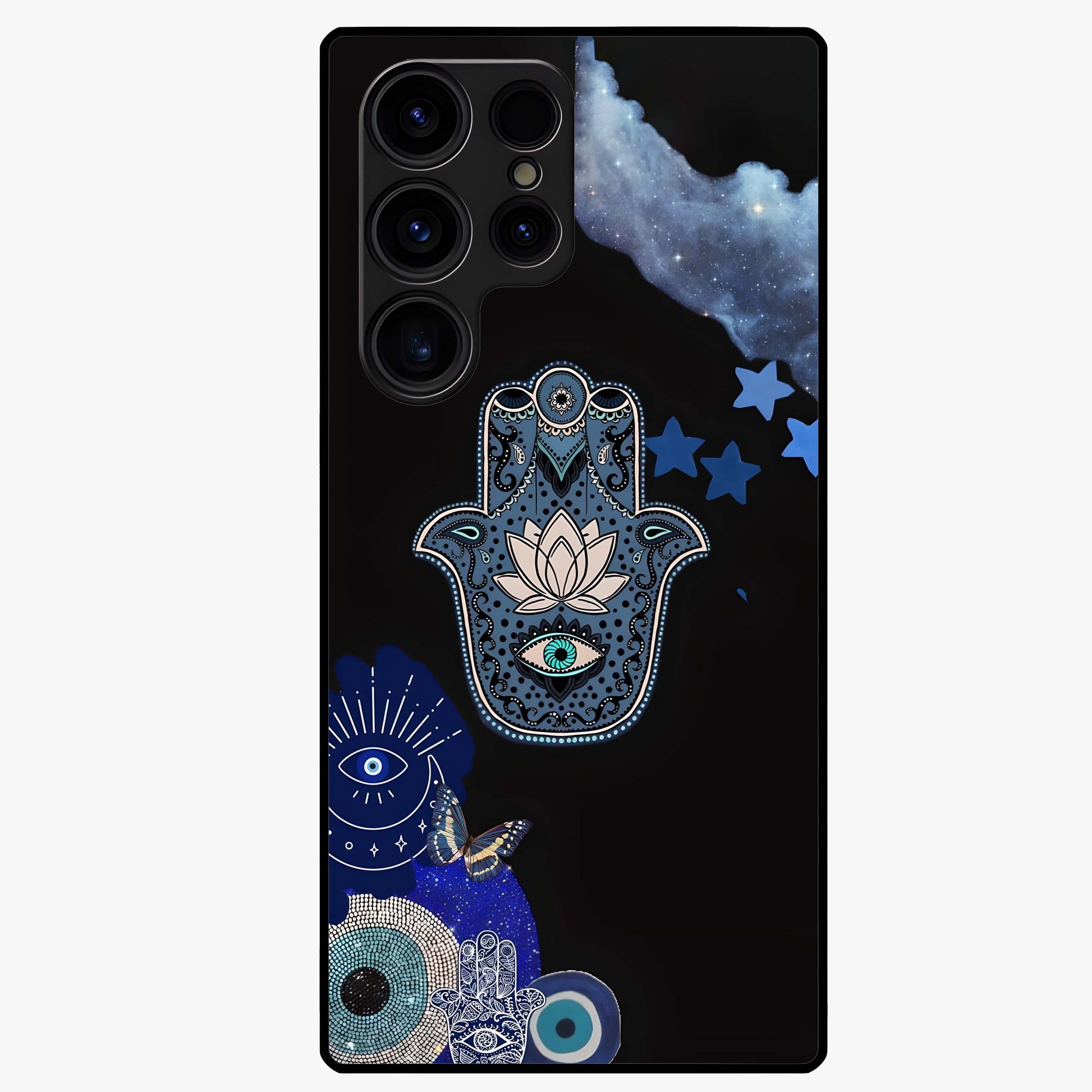 Mystic Hand Aura Glass Case showing flat back view with mystical hand symbol artwork and glossy glass finish.