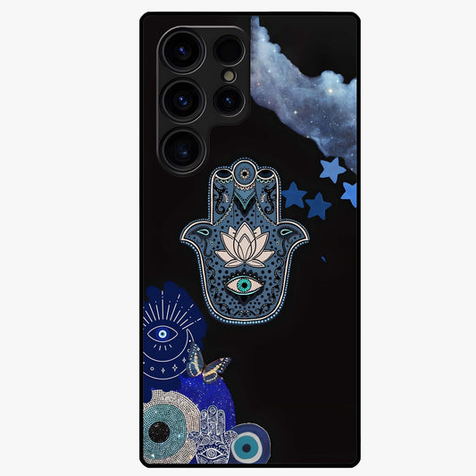 Mystic Hand Aura Glass Case showing flat back view with mystical hand symbol artwork and glossy glass finish.
