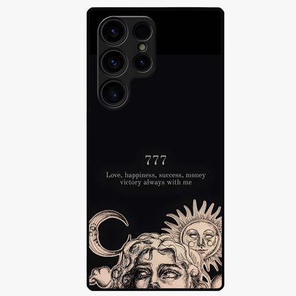 Mystic Victory Aura Glass Case showing flat back view with victory symbol artwork and glossy glass finish.